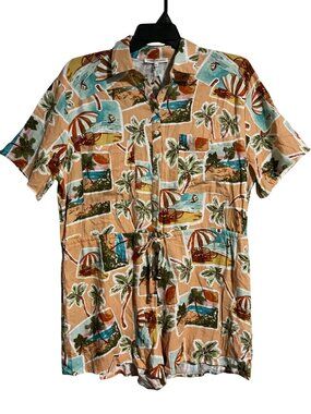 Label of Love Romper Womens M Linen Blend Peach Tropical Postcard Print